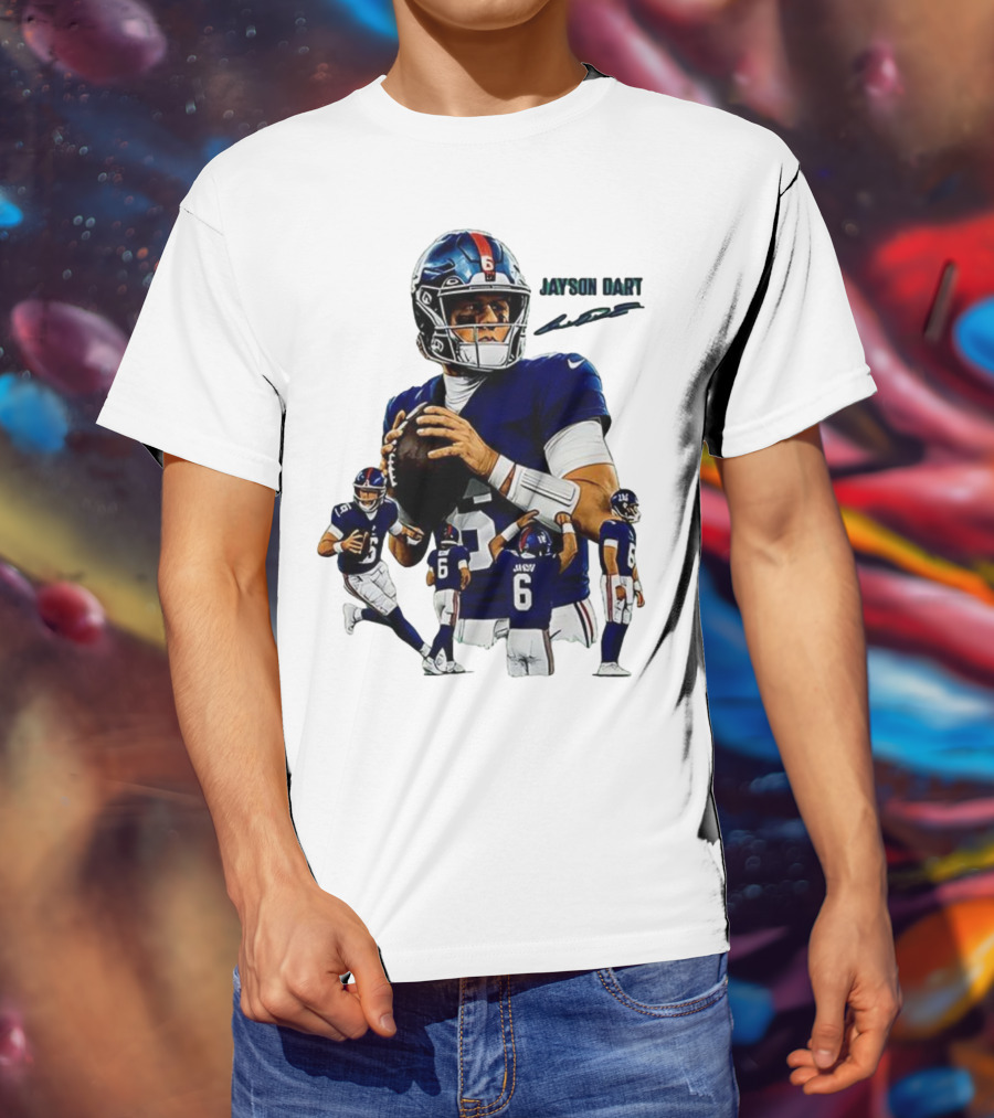 Jaxson Dart New York Giants NFL Football Signature Quarterback Action T-Shirt