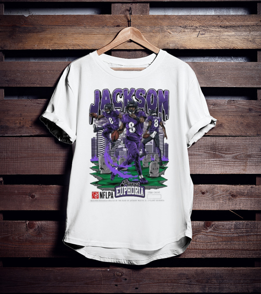 Lamar Jackson NFLPA Planet Euphoria Purple Football Action T-Shirt