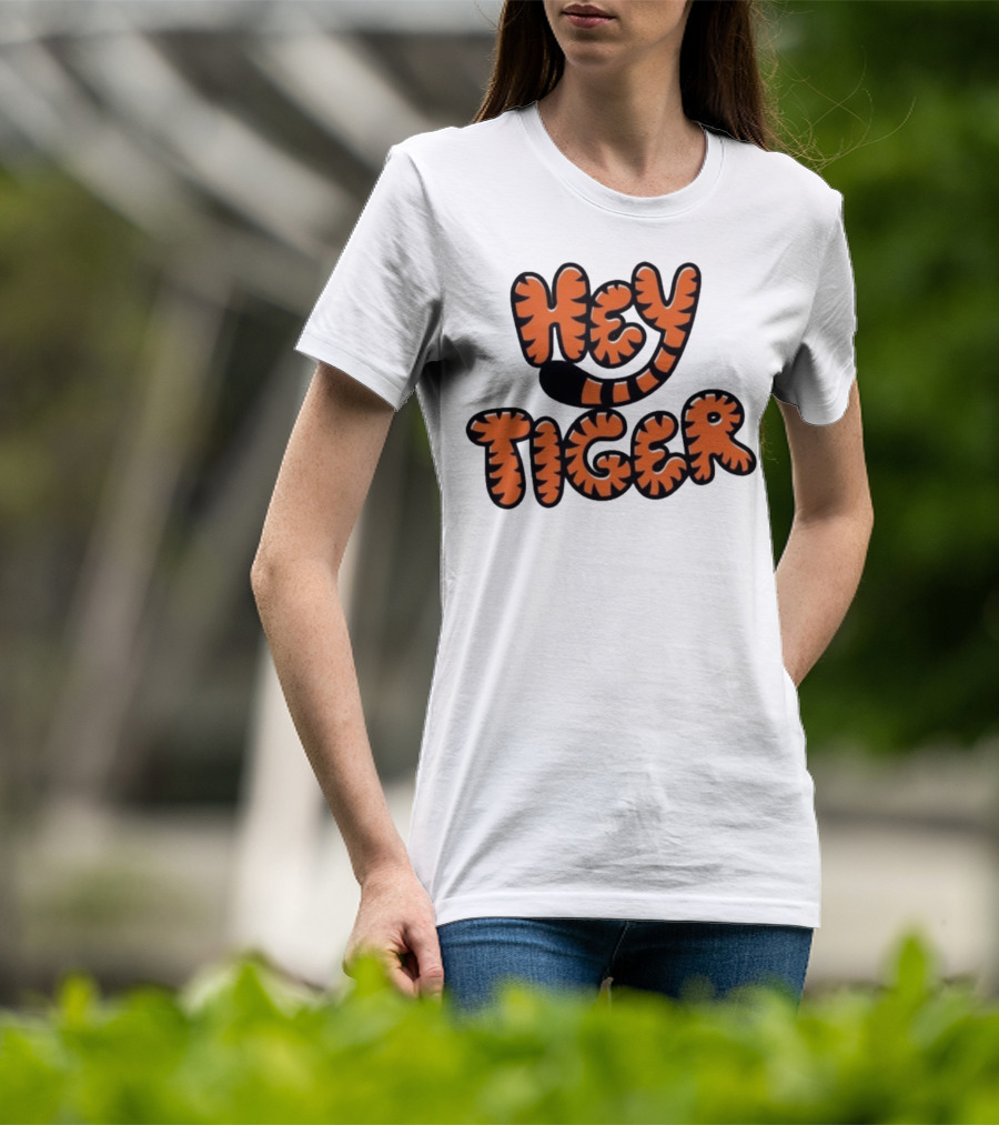 Cincinnati Bengals Hey Tiger Striped Bubble Letter Tiger Tail Pattern T-Shirt
