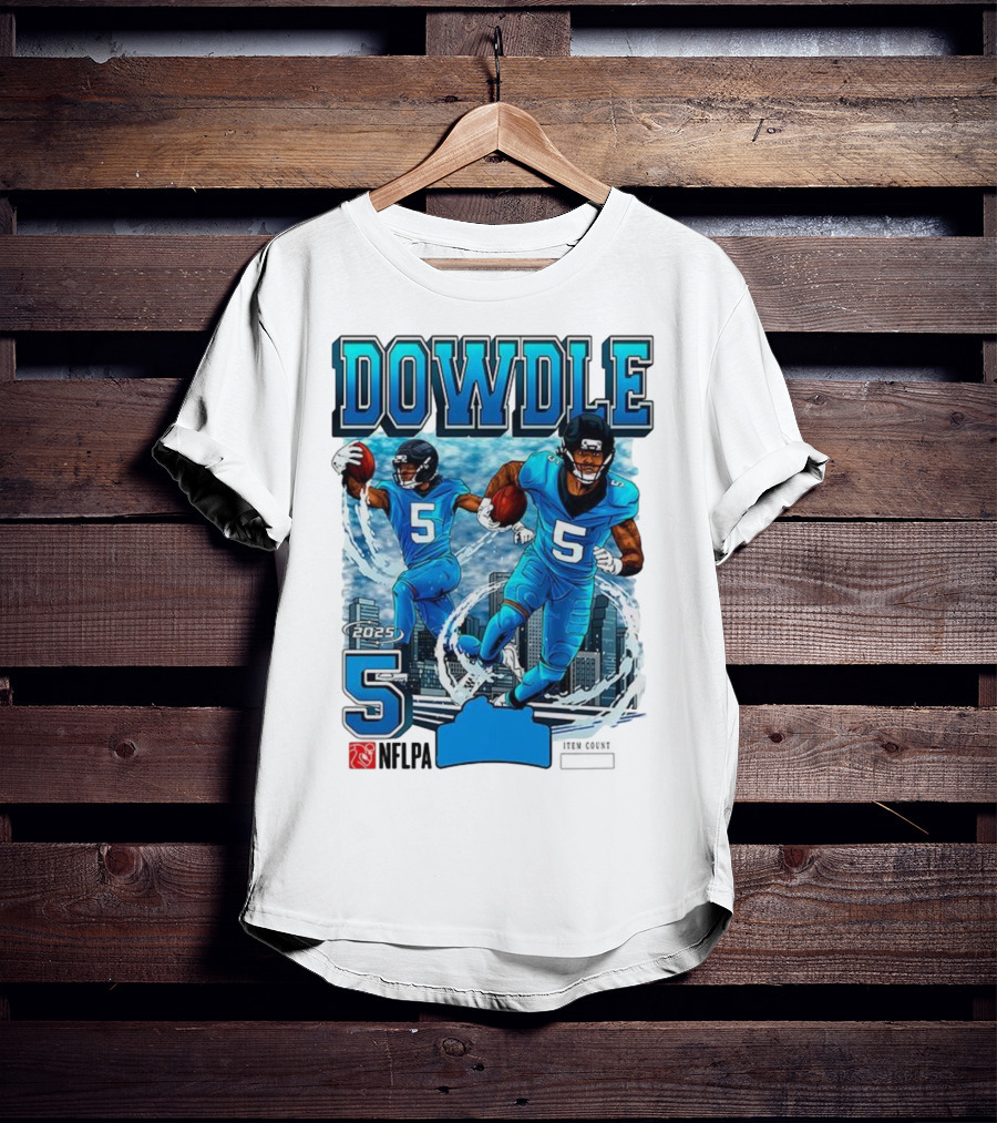 Rico Dowdle Carolina Panthers 2025 Number 5 Skyline NFLPA T-Shirt