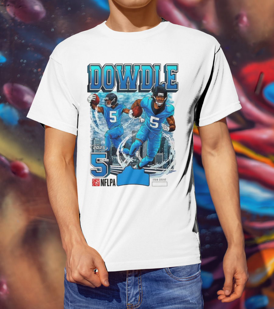 Rico Dowdle Carolina Panthers 2025 Number 5 Skyline NFLPA T-Shirt
