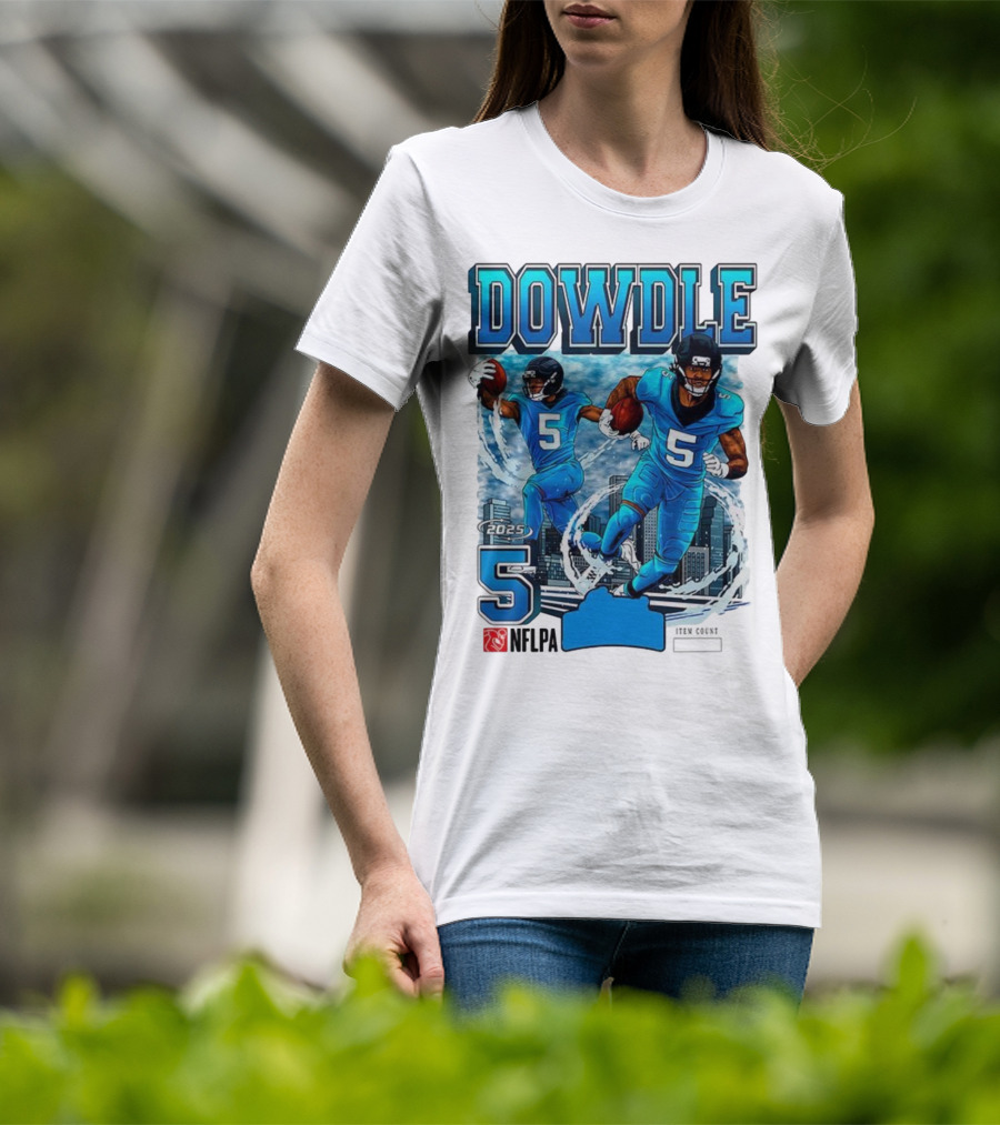 Rico Dowdle Carolina Panthers 2025 Number 5 Skyline NFLPA T-Shirt