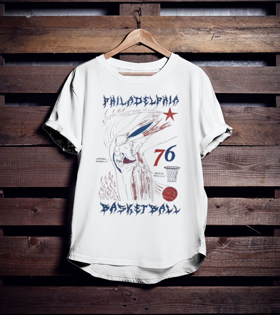Philadelphia Basketball Red Blue Artistic 76 Star Knee Sketch T-Shirt