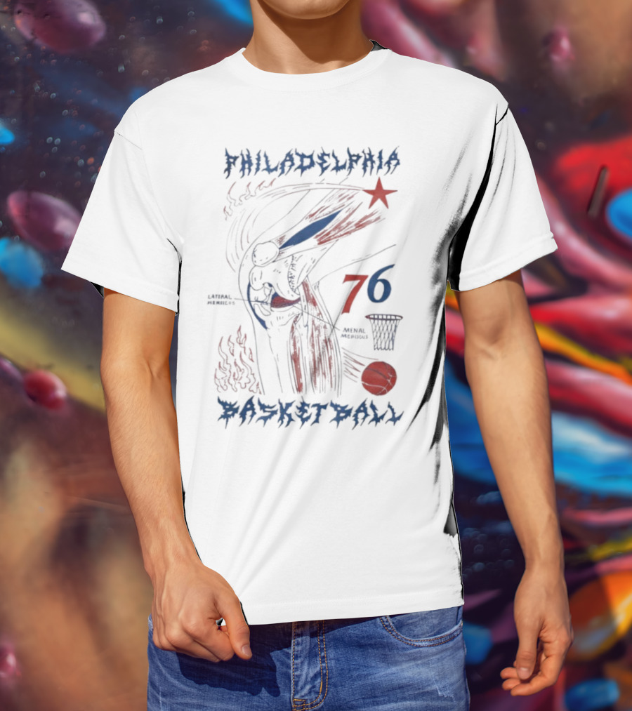 Philadelphia Basketball Red Blue Artistic 76 Star Knee Sketch T-Shirt