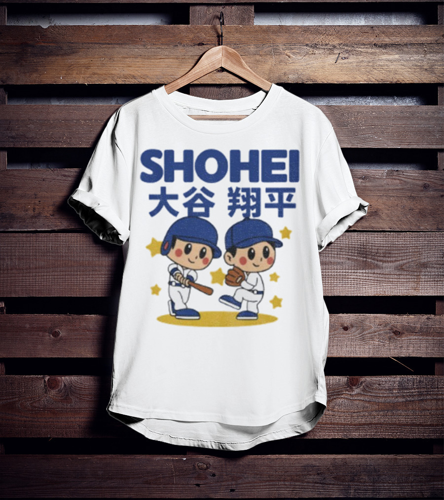 Shohei Ohtani Cartoon Baseball MLB Anime Style Kanji Stars T-Shirt