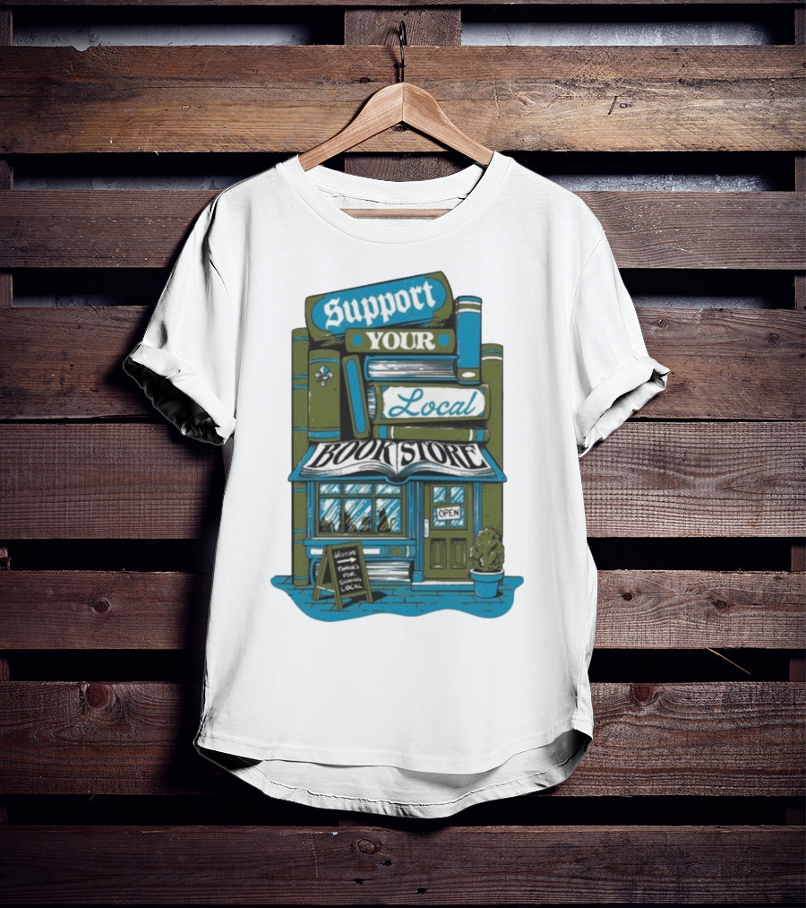 Support Your Local Bookstore Open Vintage Bookshelf Design T-Shirt