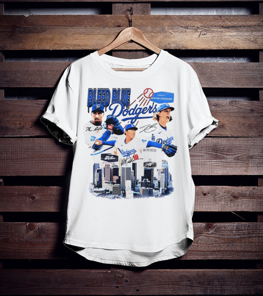 Bleed Blue Dodgers Shohei Ohtani Mookie Betts Yoshinobu Yamamoto Los Angeles Signatures Dodger Stadium T-Shirt