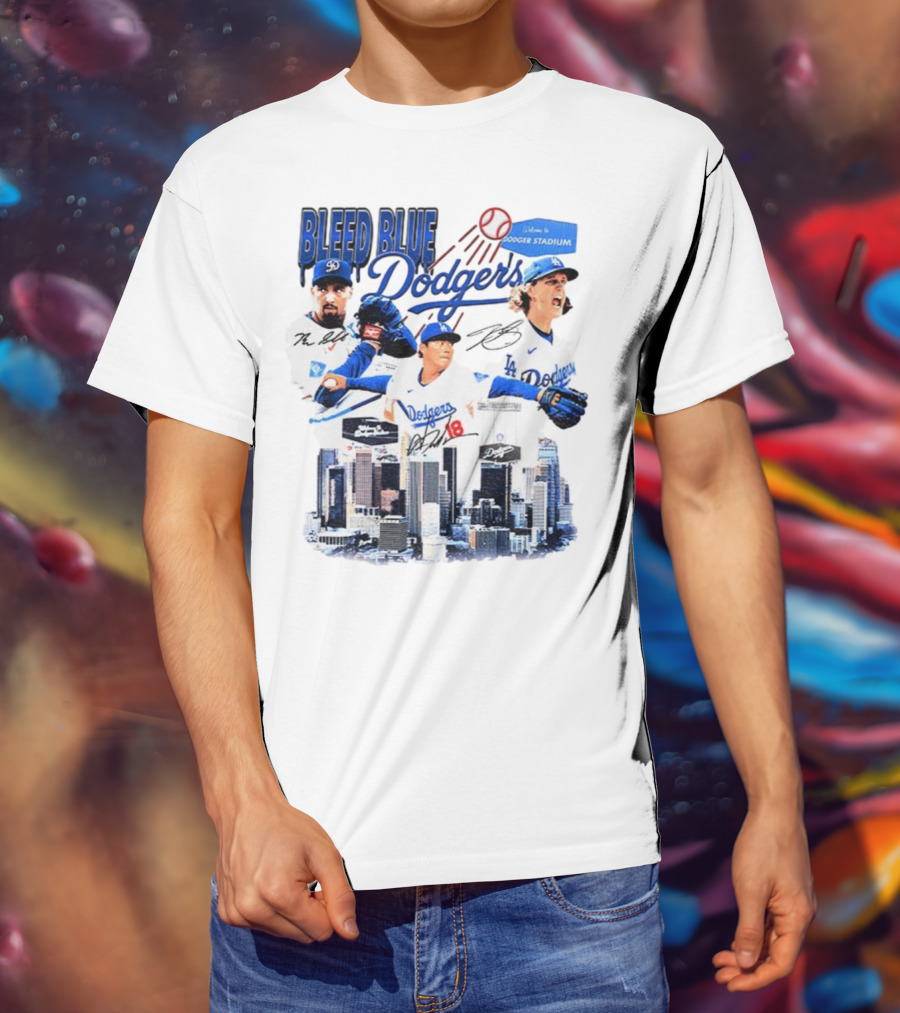 Bleed Blue Dodgers Shohei Ohtani Mookie Betts Yoshinobu Yamamoto Los Angeles Signatures Dodger Stadium T-Shirt