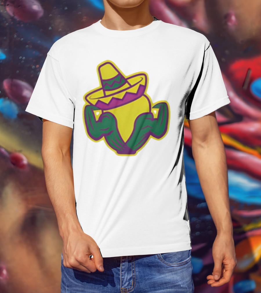 Cedar Rapids Kernels Corn Mascot In Sombrero Green And Yellow Design T-Shirt