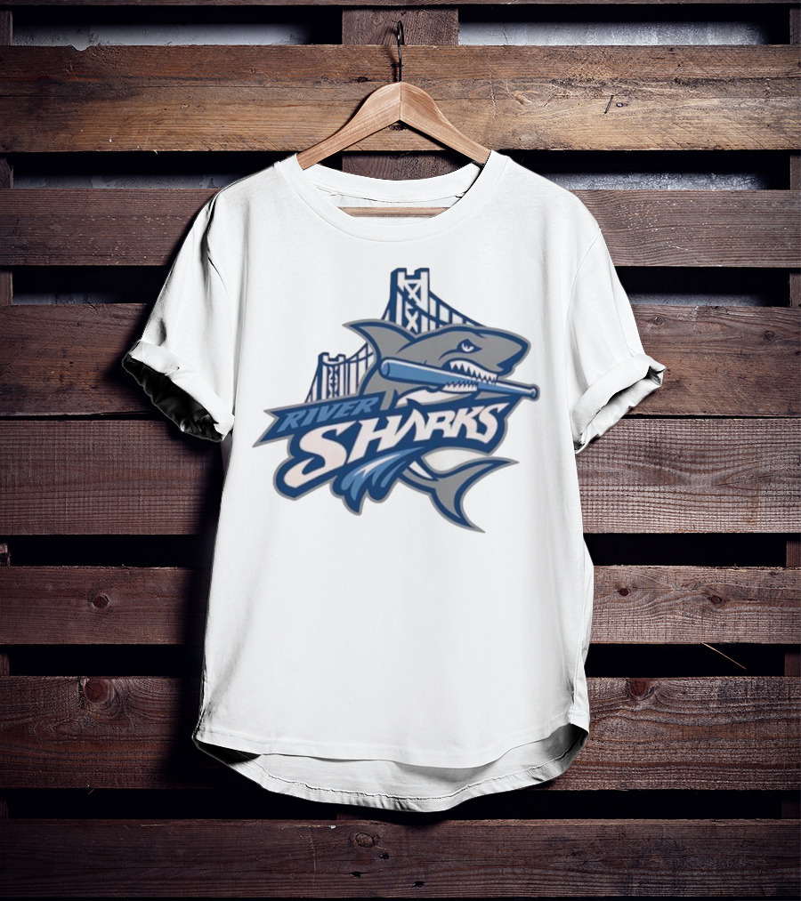Camden Riversharks Baseball Team River Sharks Text With Shark And Bridge Imagery T-Shirt