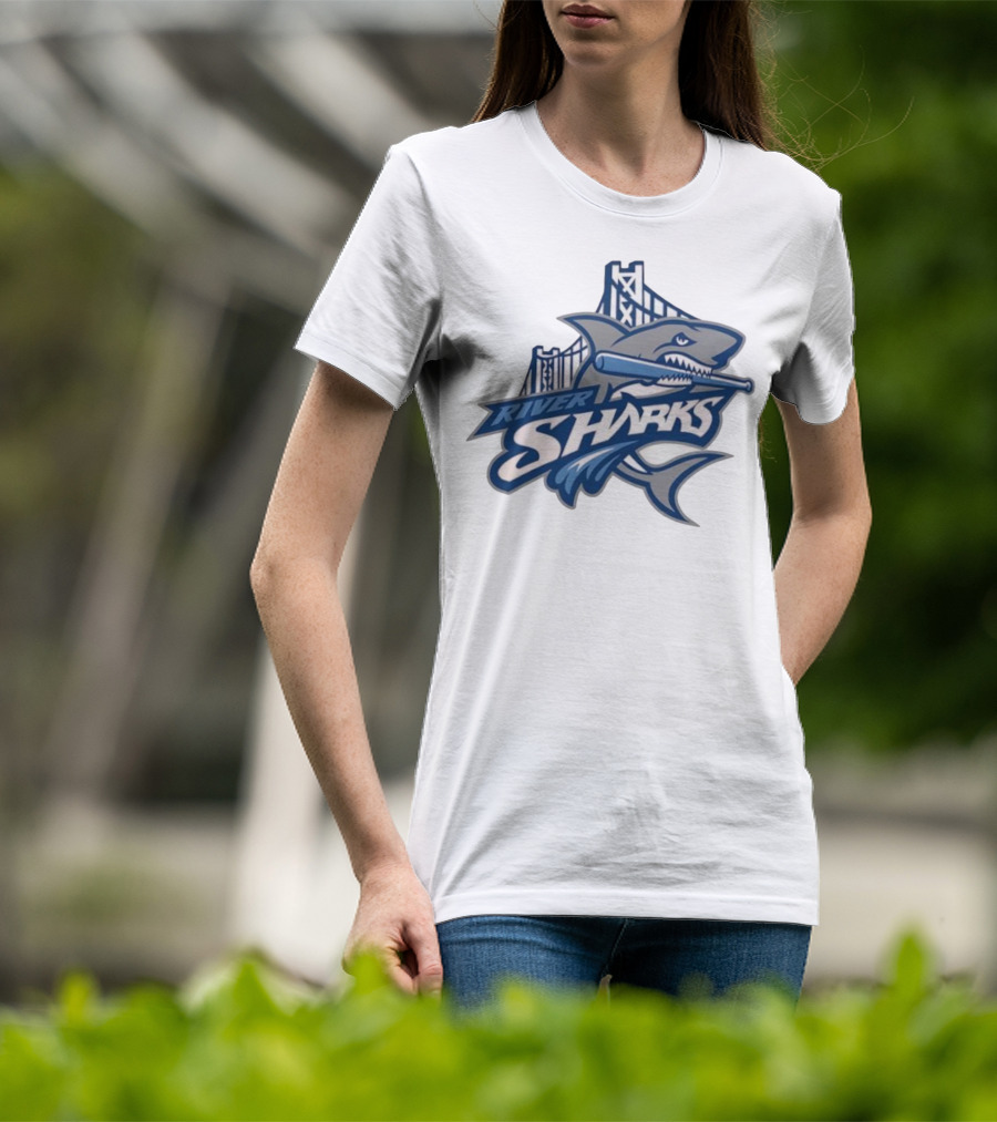 Camden Riversharks Baseball Team River Sharks Text With Shark And Bridge Imagery T-Shirt