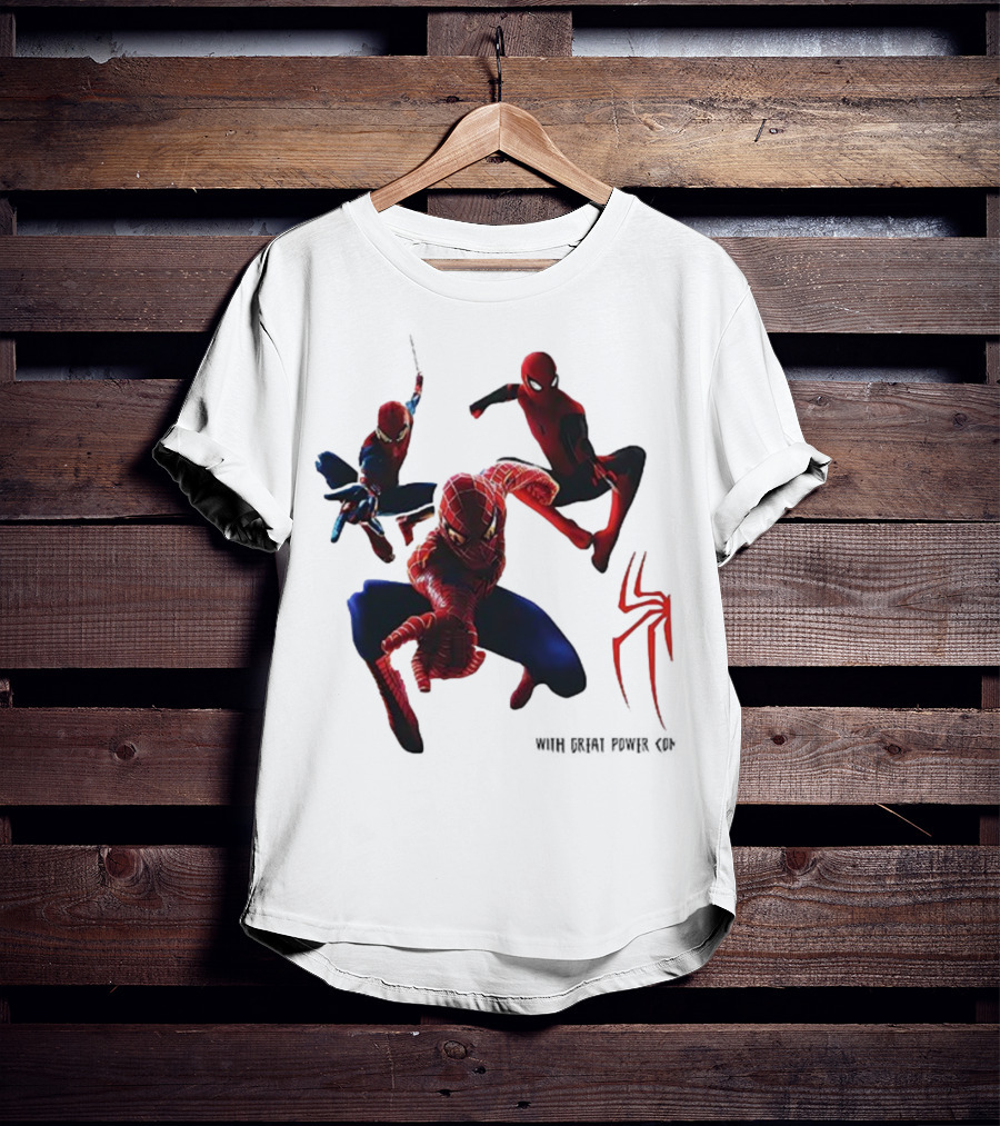 Spider Man Daily Bugle With Great Power Comes Great Responsibility Spider Logo Trio Suit Styles T-Shirt