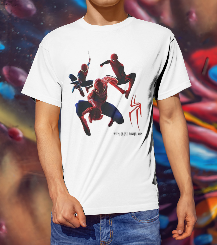 Spider Man Daily Bugle With Great Power Comes Great Responsibility Spider Logo Trio Suit Styles T-Shirt