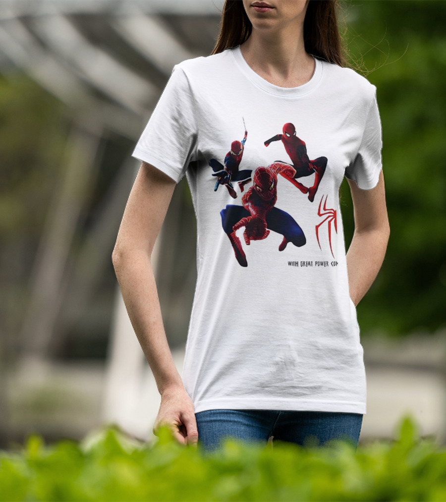 Spider Man Daily Bugle With Great Power Comes Great Responsibility Spider Logo Trio Suit Styles T-Shirt
