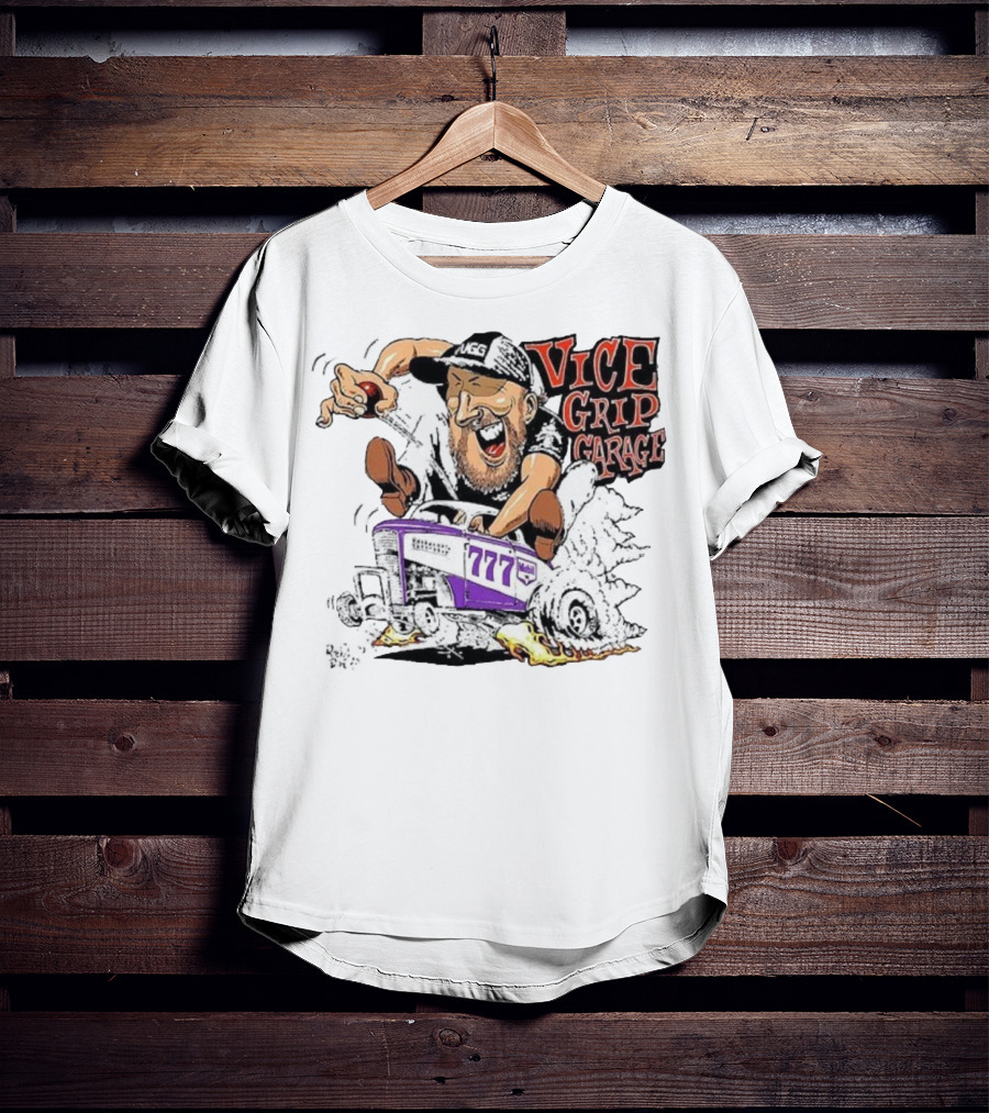 Vice Grip Garage 777 Cartoon Hot Rod Illustration With Bearded Driver And Smoking Tires T-Shirt