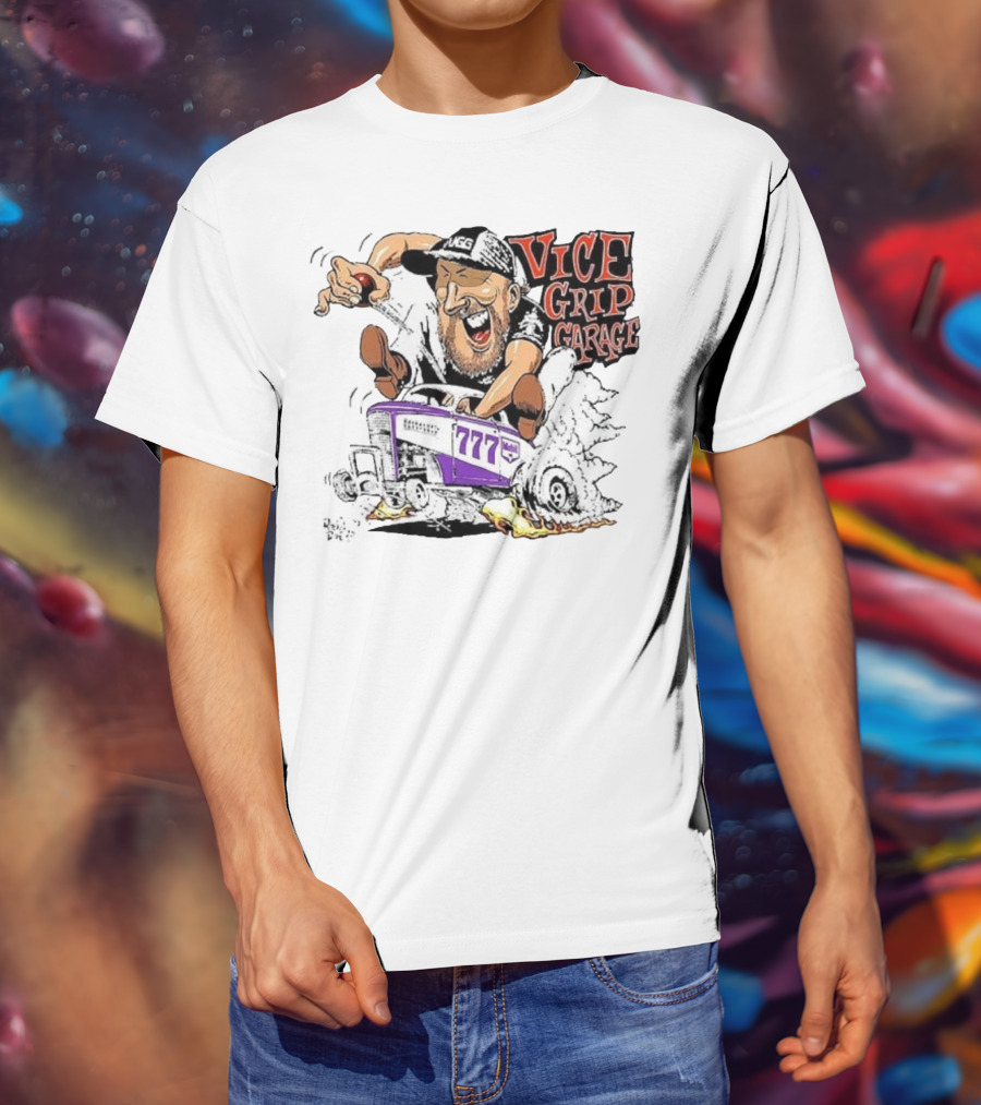 Vice Grip Garage 777 Cartoon Hot Rod Illustration With Bearded Driver And Smoking Tires T-Shirt