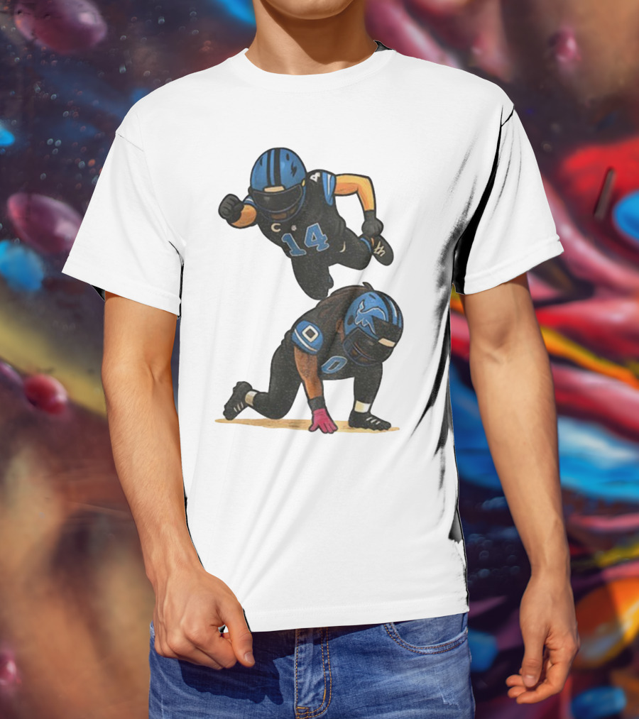 Amon Ra St. Brown Jahmyr Gibbs 14 00 Blue Black Football Celebration T-Shirt