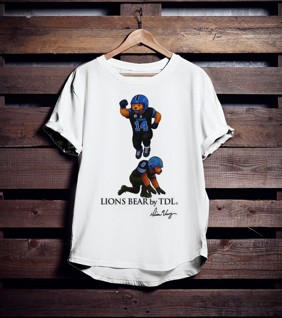 Amon-Ra St. Brown 14 Jahmyr Gibbs 0 Detroit Lions Bear Celebrating Football T-Shirt