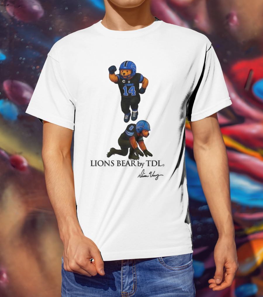 Amon-Ra St. Brown 14 Jahmyr Gibbs 0 Detroit Lions Bear Celebrating Football T-Shirt