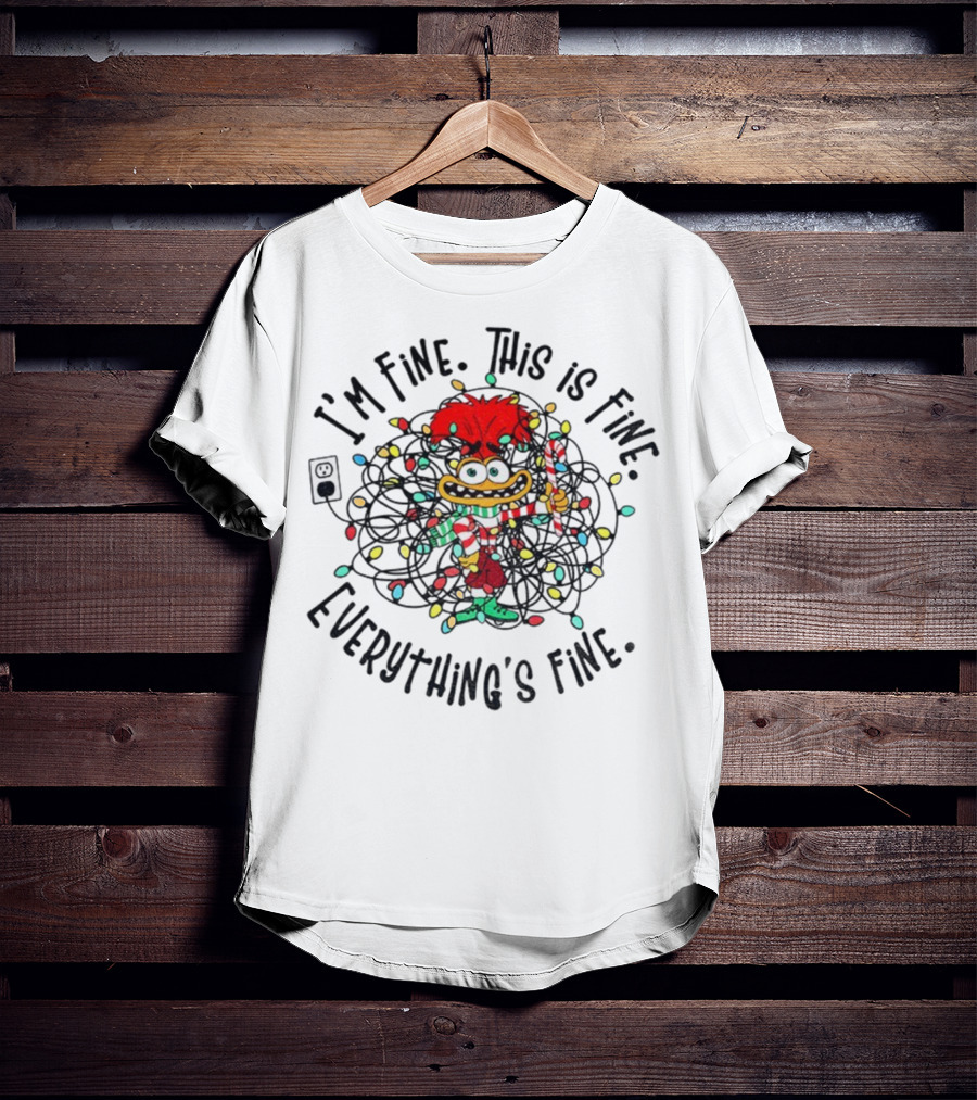 I'm Fine This Is Fine Everything's Fine Anxiety Inside Out 2 Holiday Lights Candy Cane T-Shirt