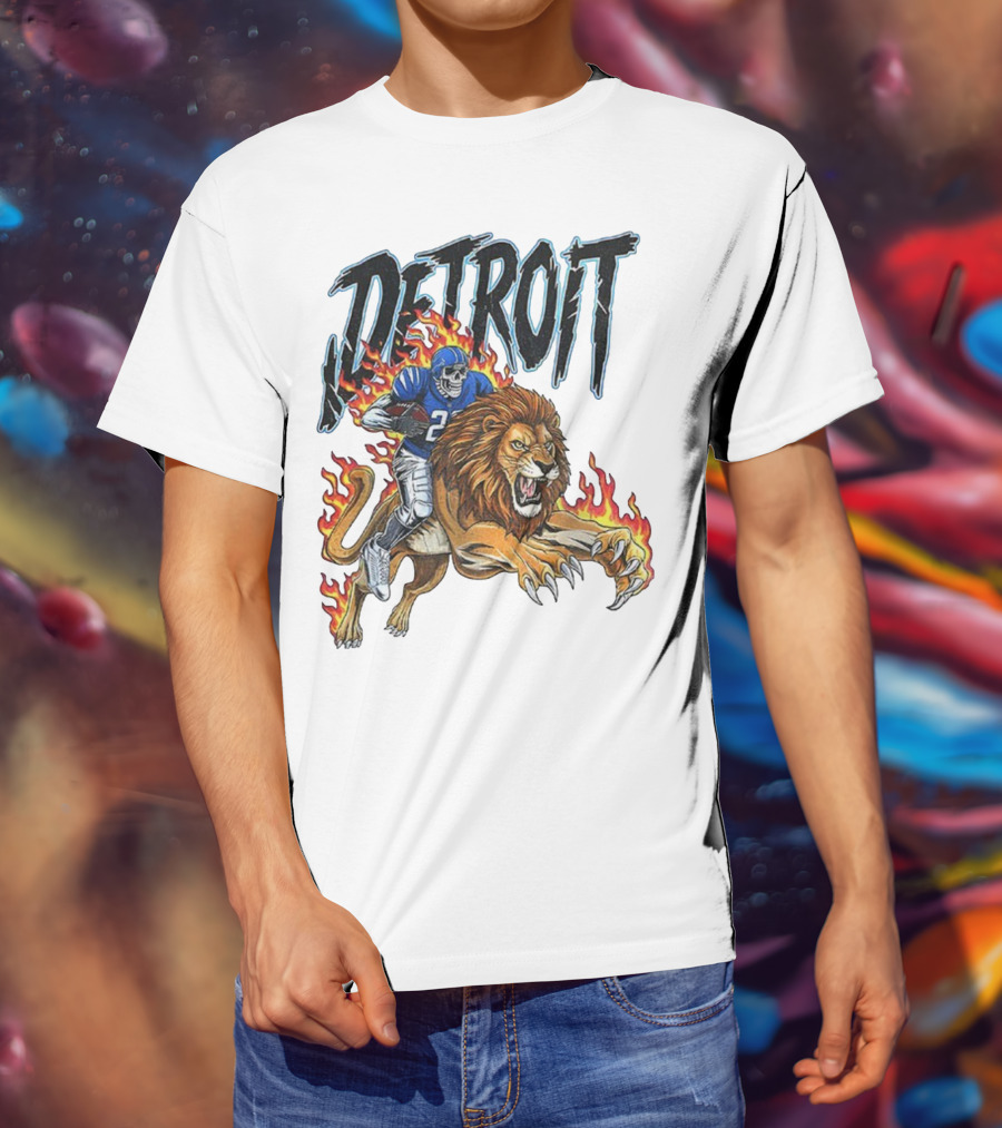 Detroit Lions Vintage Skeleton Riding Flaming Lion Football Game Day T-Shirt
