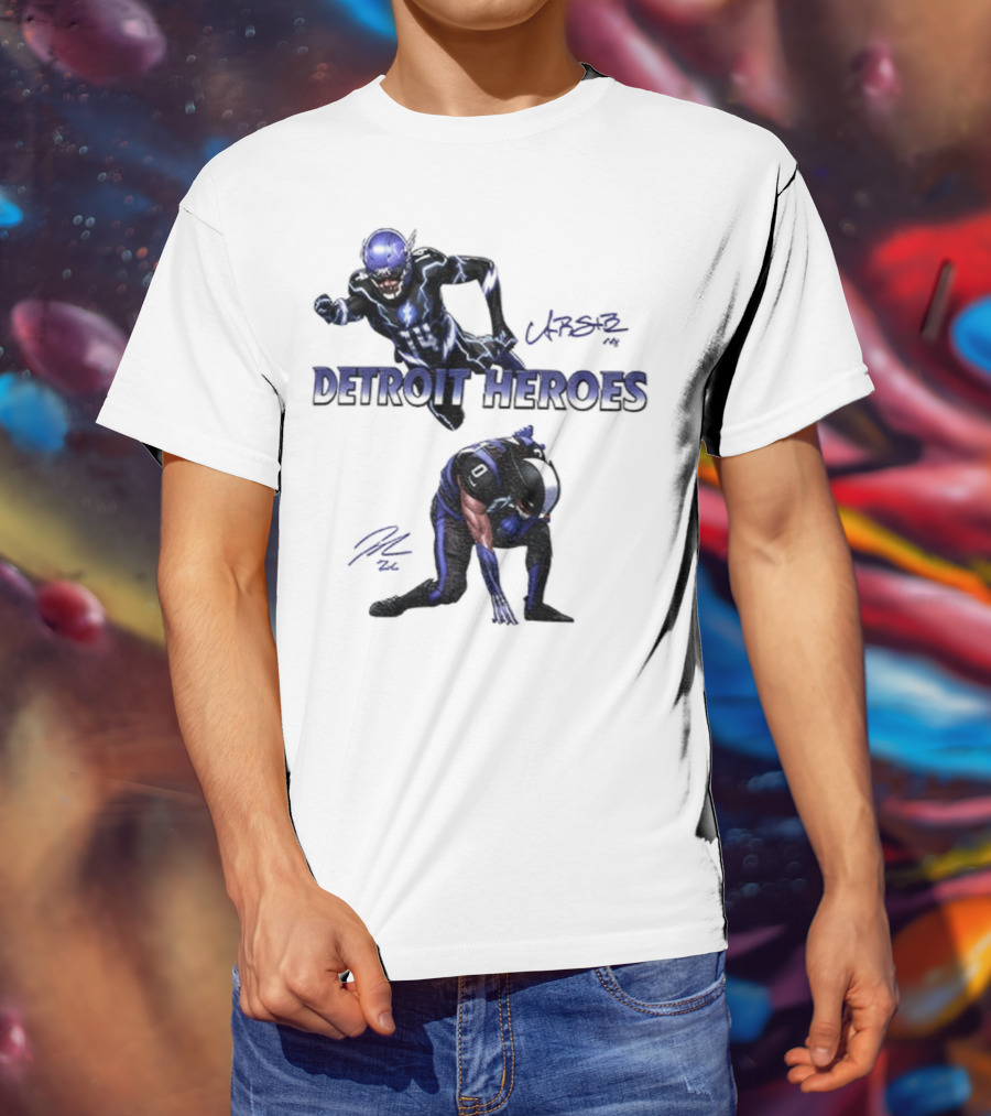 Jahmyr Gibbs Amon Ra St Brown Detroit Heroes 2025 Signature T-Shirt