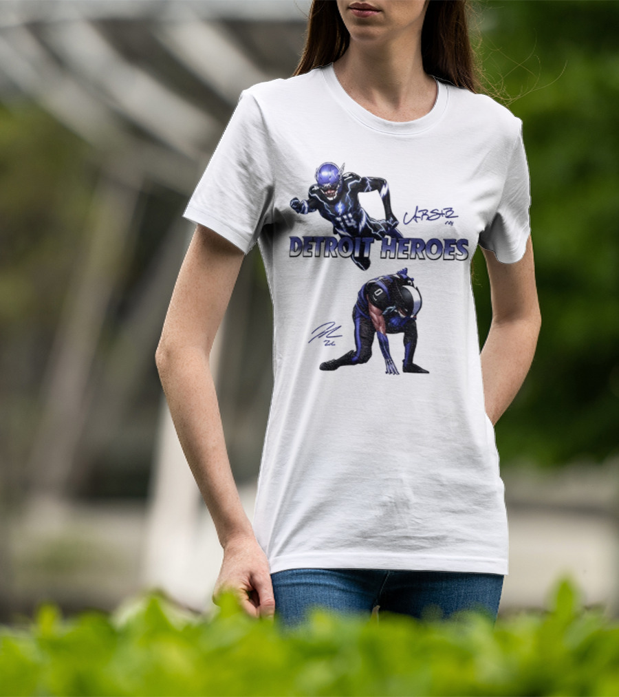 Jahmyr Gibbs Amon Ra St Brown Detroit Heroes 2025 Signature T-Shirt