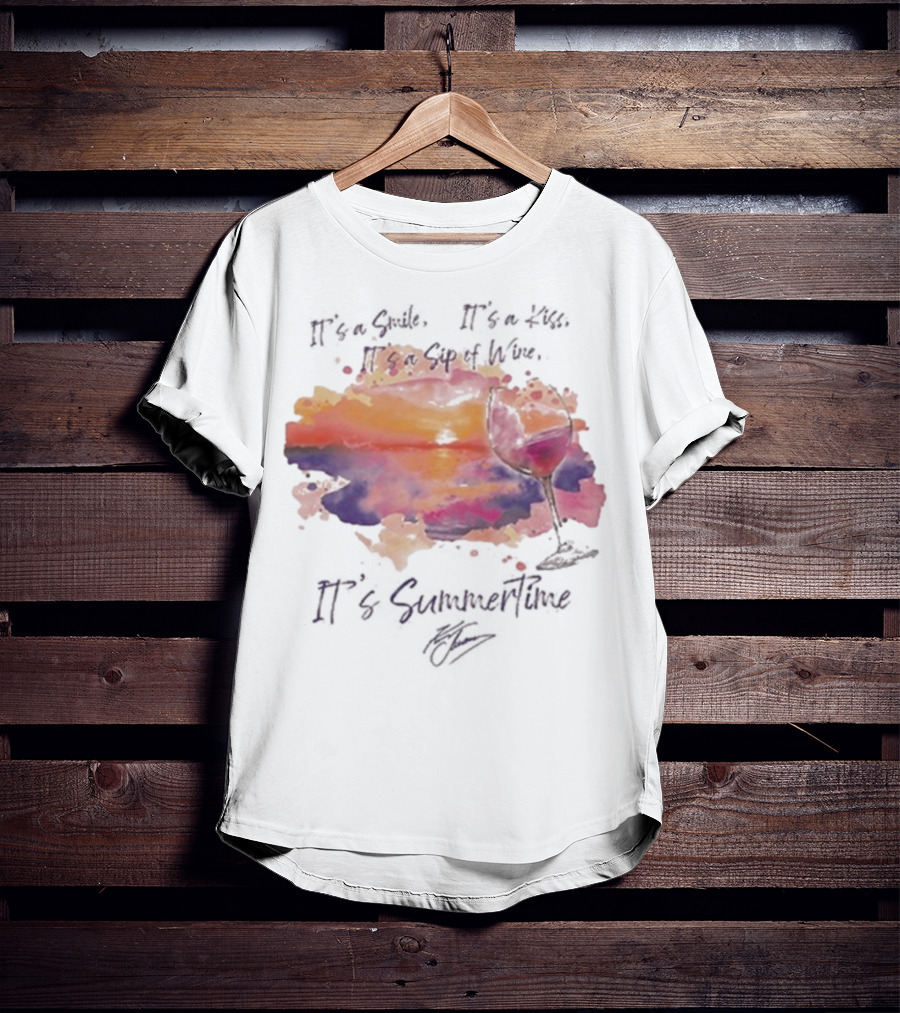 Kenny Chesney It's A Smile It's A Lie It's A Sip Of Wine It's Summertime Flowy Sunset Wine Glass T-Shirt