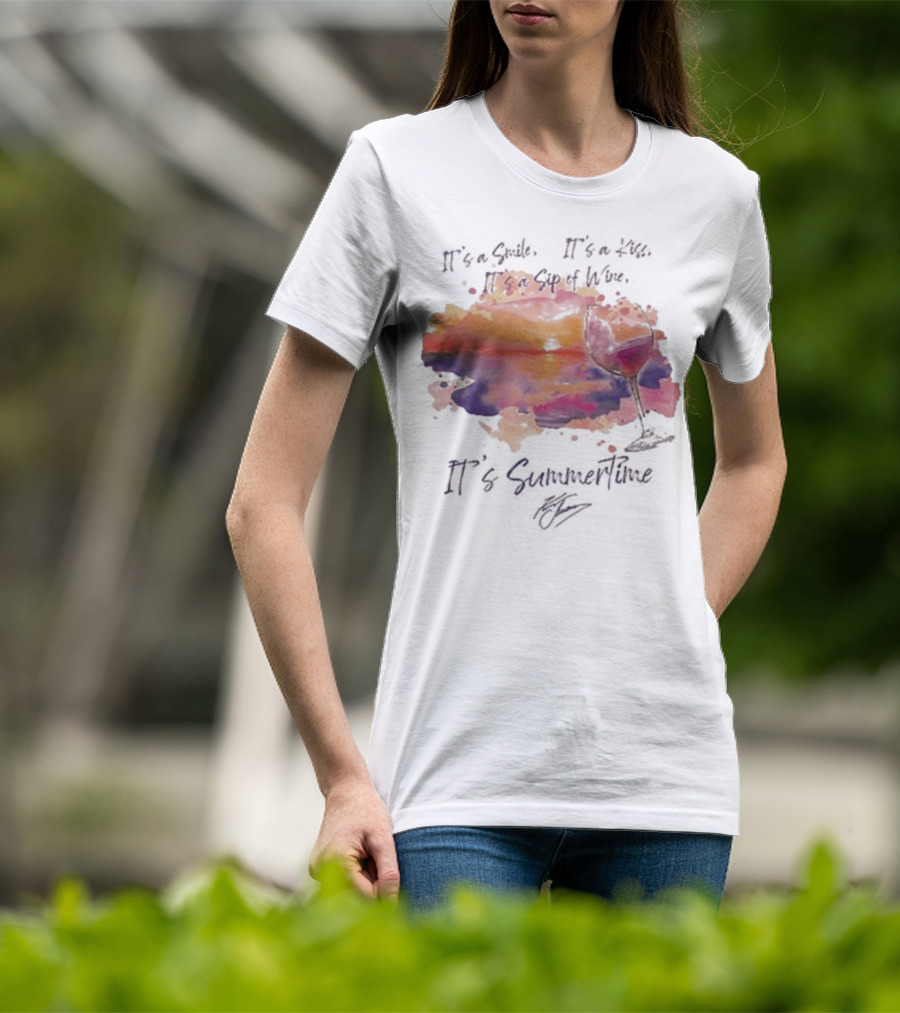 Kenny Chesney It's A Smile It's A Lie It's A Sip Of Wine It's Summertime Flowy Sunset Wine Glass T-Shirt