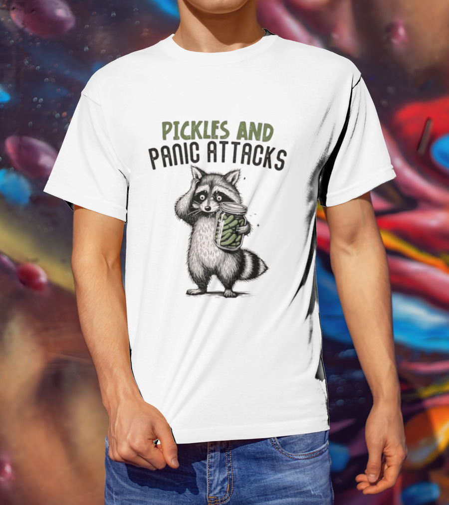 Pickles And Panic Attacks Raccoon Holding Jar Retro Mental Health Awareness T-Shirt