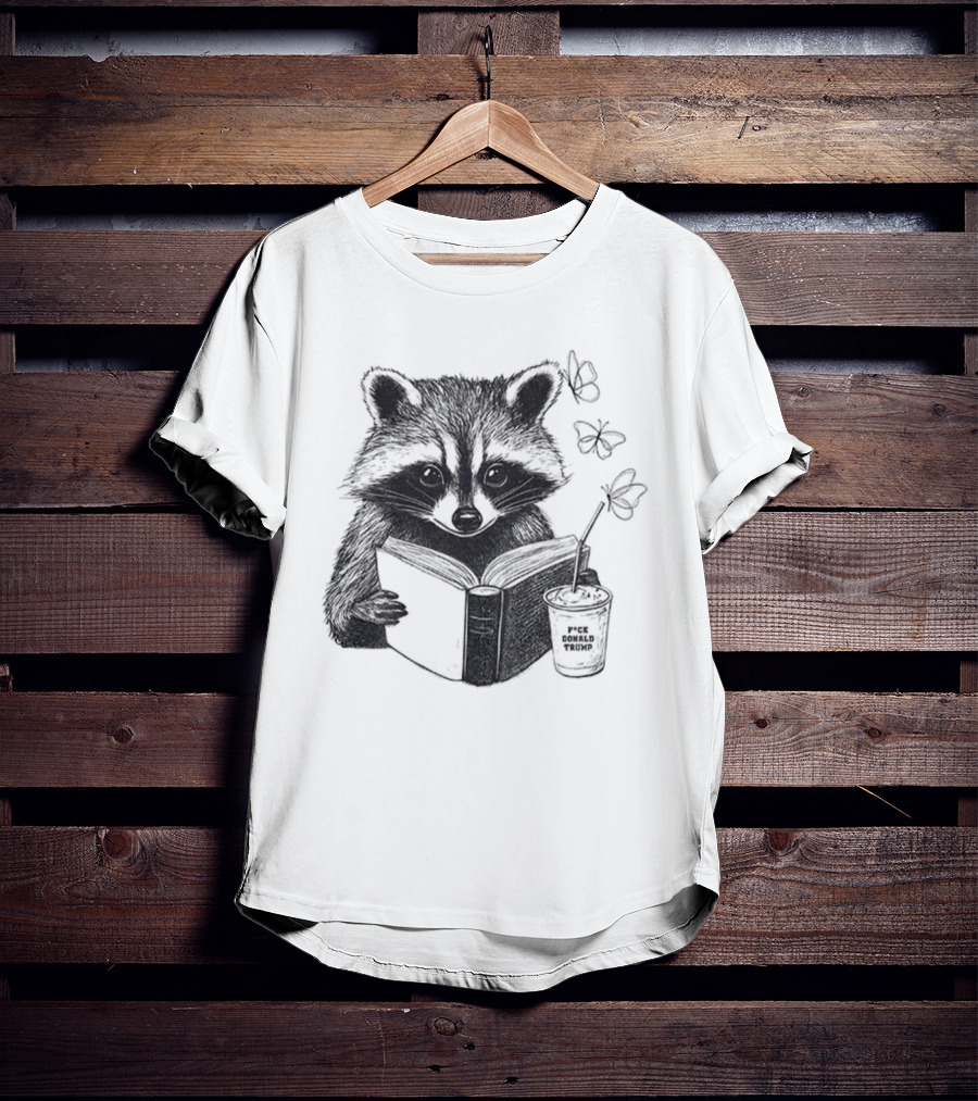 Raccoon Reading Book Coffee Cup Cozy Subtle Anti-Trump T-Shirt
