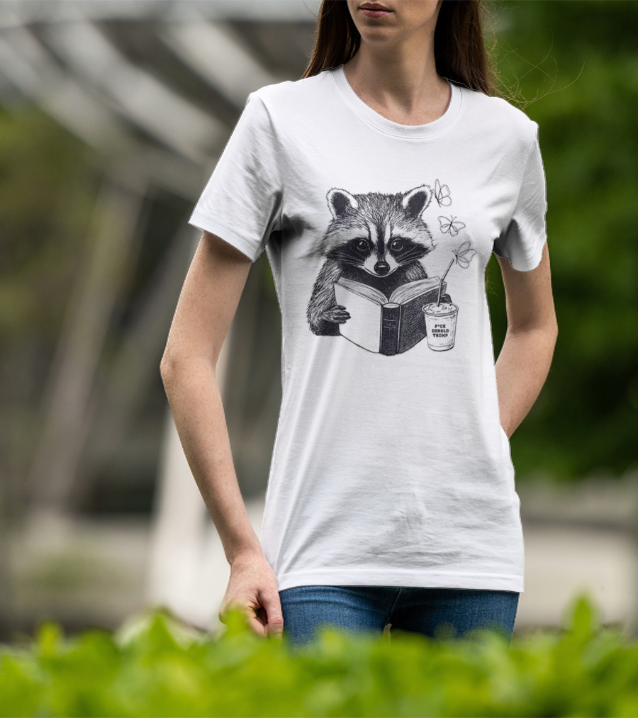 Raccoon Reading Book Coffee Cup Cozy Subtle Anti-Trump T-Shirt