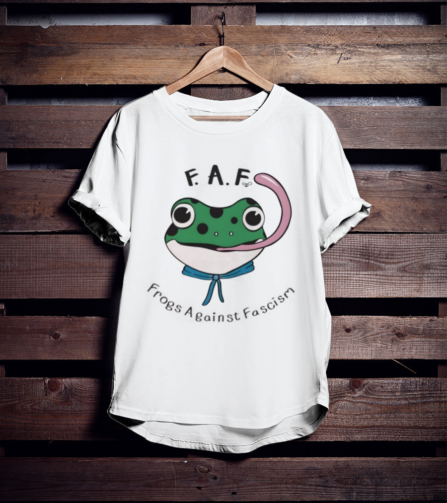 F.A.F Frogs Against Fascism Playful Green Frog With Tongue And Blue Scarf T-Shirt