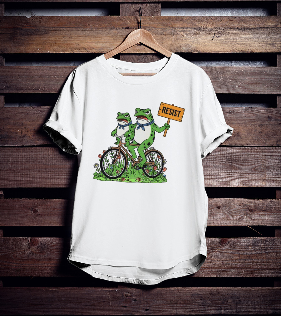 Frog On Bike Resist Protest Sign Portland Garden Scene T-Shirt