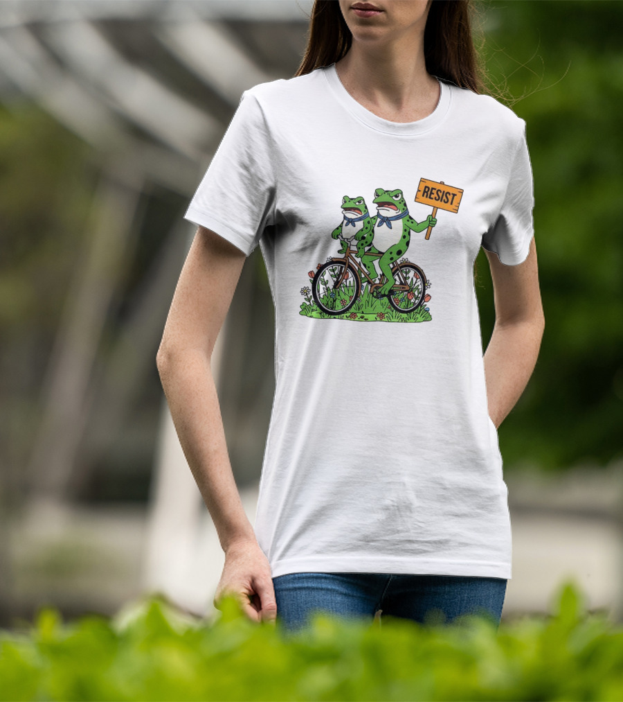 Frog On Bike Resist Protest Sign Portland Garden Scene T-Shirt