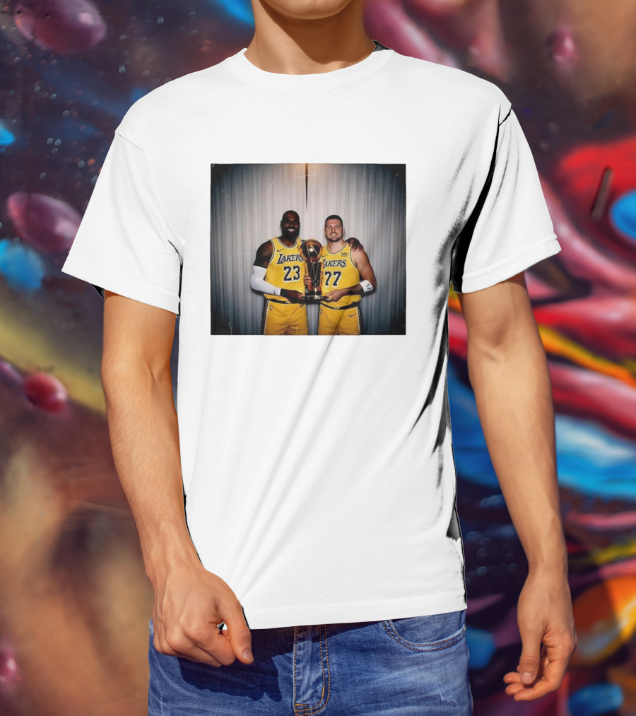 Los Angeles Lakers LeBron James Luka Dončić Holding Trophy June 2026 T-Shirt