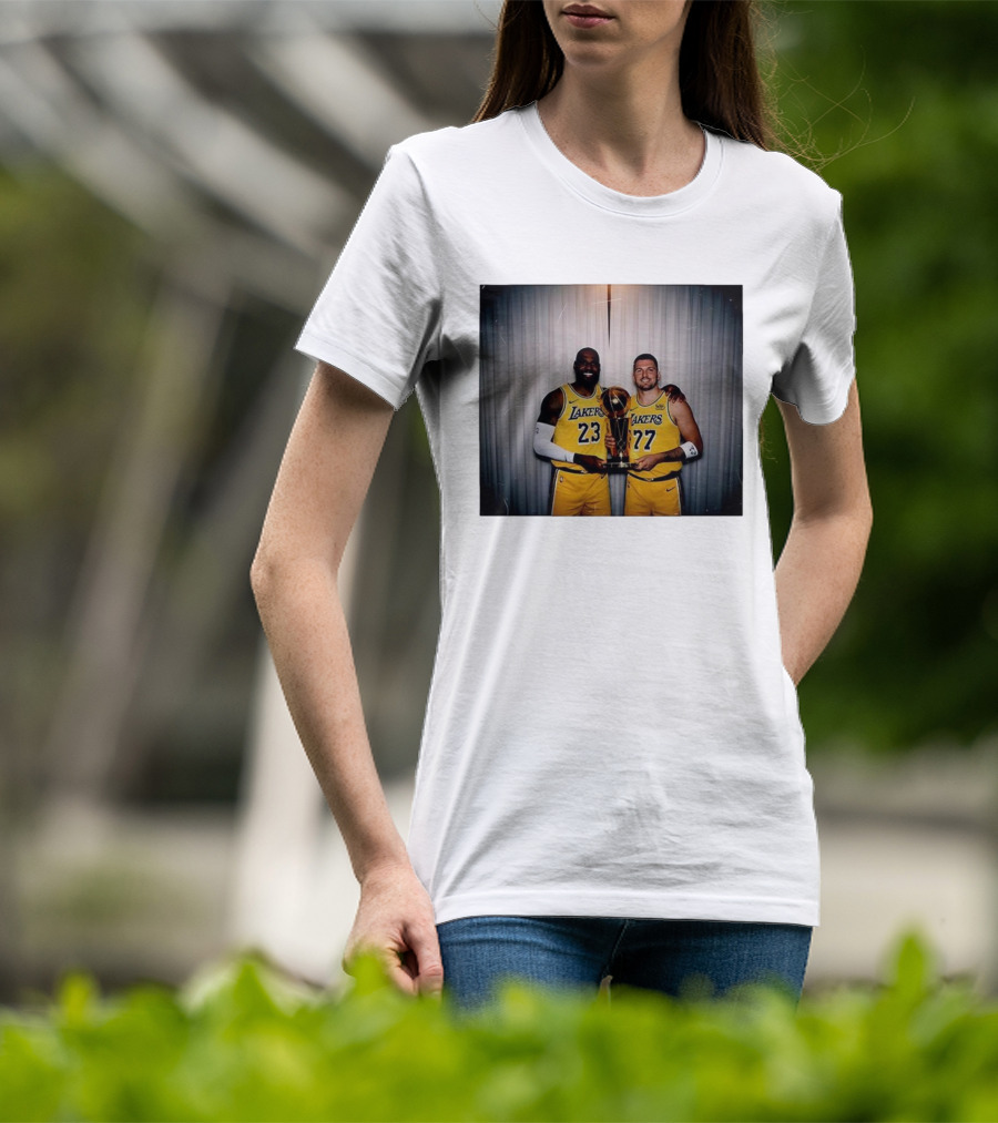 Los Angeles Lakers LeBron James Luka Dončić Holding Trophy June 2026 T-Shirt
