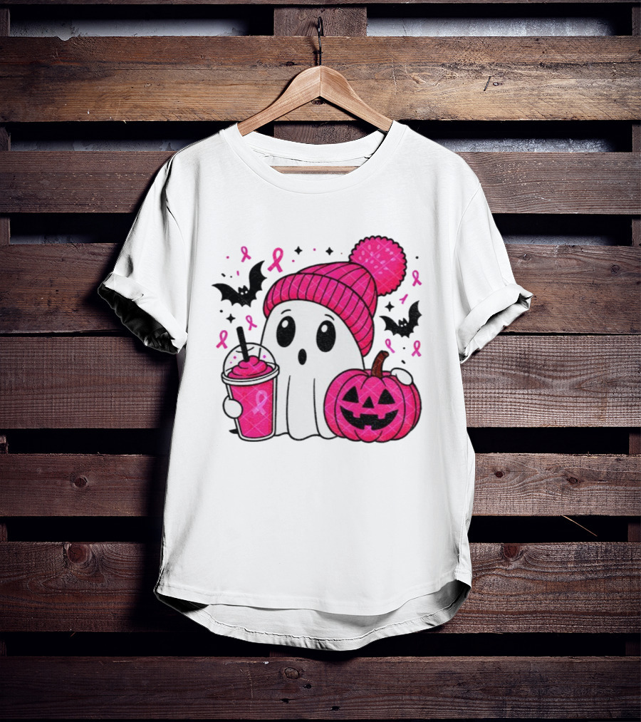 Spooky Ghost Pink Pumpkin Breast Cancer Awareness With Ribbon In October We Wear Pink T-Shirt