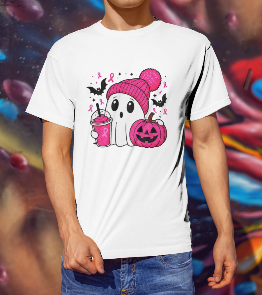Spooky Ghost Pink Pumpkin Breast Cancer Awareness With Ribbon In October We Wear Pink T-Shirt