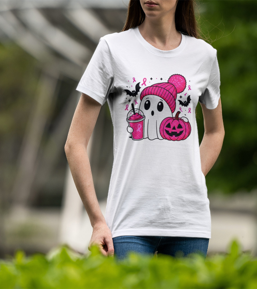 Spooky Ghost Pink Pumpkin Breast Cancer Awareness With Ribbon In October We Wear Pink T-Shirt