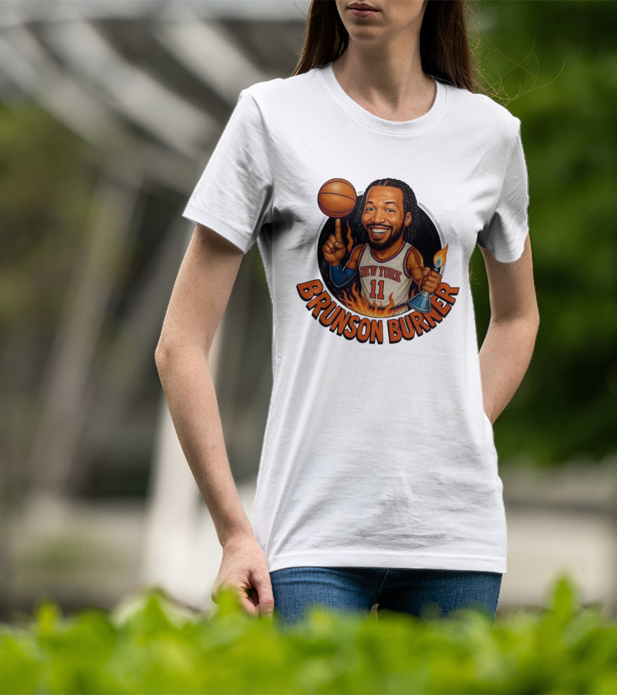 New York Knicks Brunson Burner Cartoon With Basketball And Flames T-Shirt