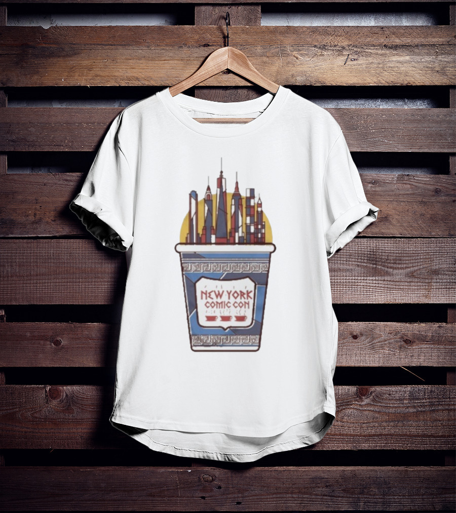 New York Comic Con 2025 Coffee Cup Skyline Tower Design T-Shirt
