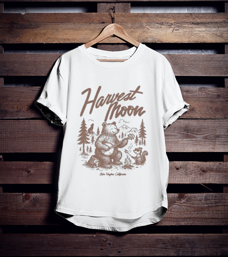 Harvest Moon Lake Hughes California Bear Forest Illustration T-Shirt