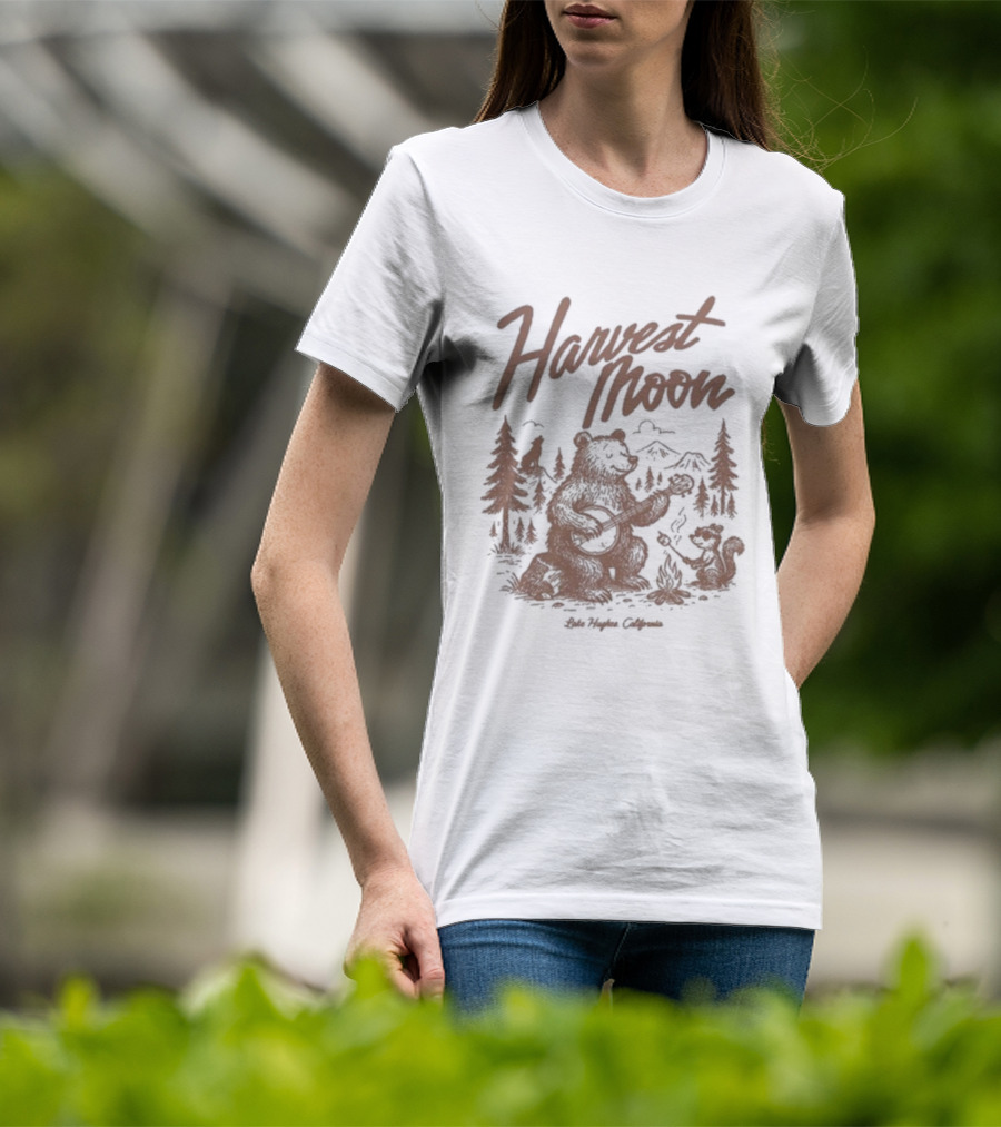 Harvest Moon Lake Hughes California Bear Forest Illustration T-Shirt