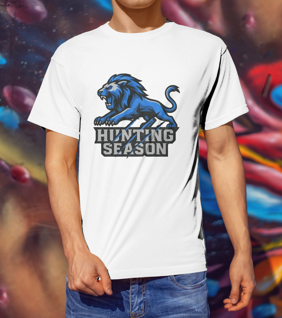 Detroit Lions Hunting Season Roaring Blue Lion NFL Fan Gear T-Shirt