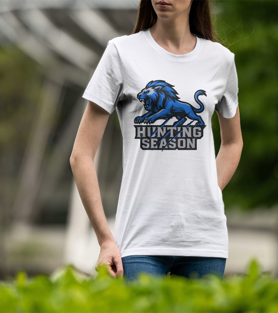 Detroit Lions Hunting Season Roaring Blue Lion NFL Fan Gear T-Shirt