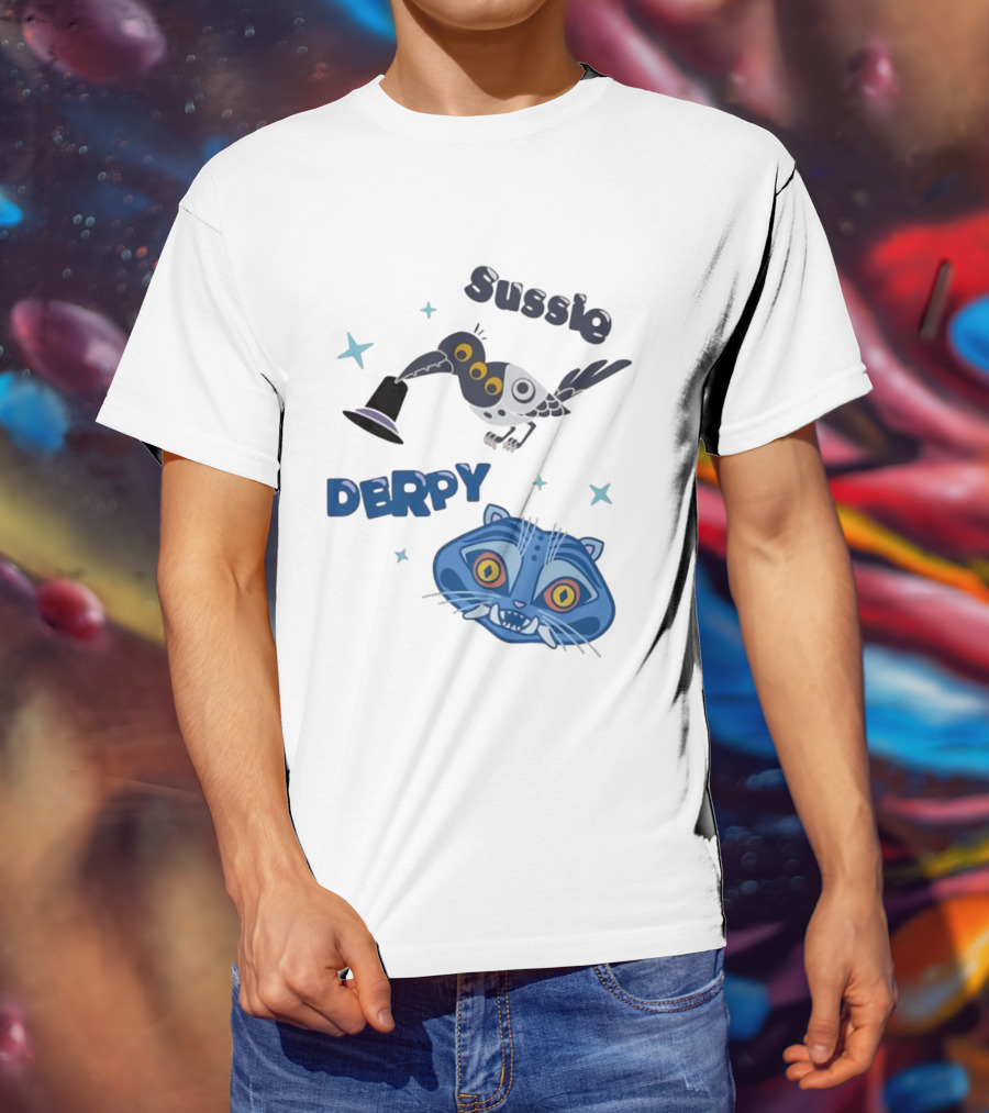 Sussie Derpy Cartoon Bird And Tiger Characters With Stars KPop Demon Hunters T-Shirt