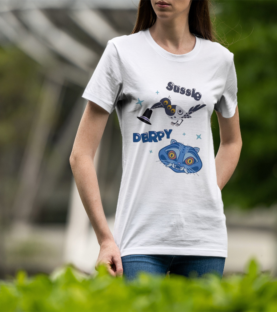 Sussie Derpy Cartoon Bird And Tiger Characters With Stars KPop Demon Hunters T-Shirt