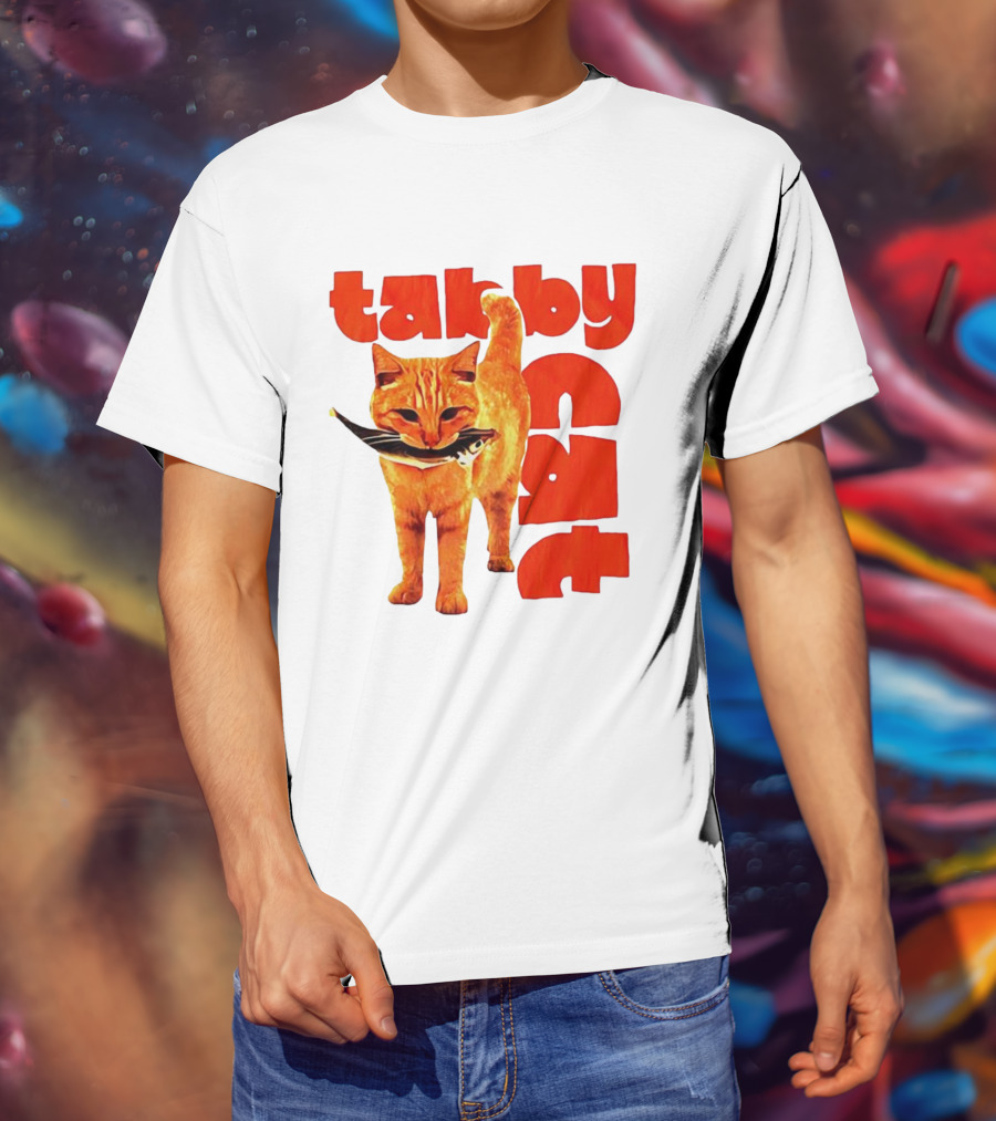 Tabby Cat Holding Fish Meme Retro Font T-Shirt