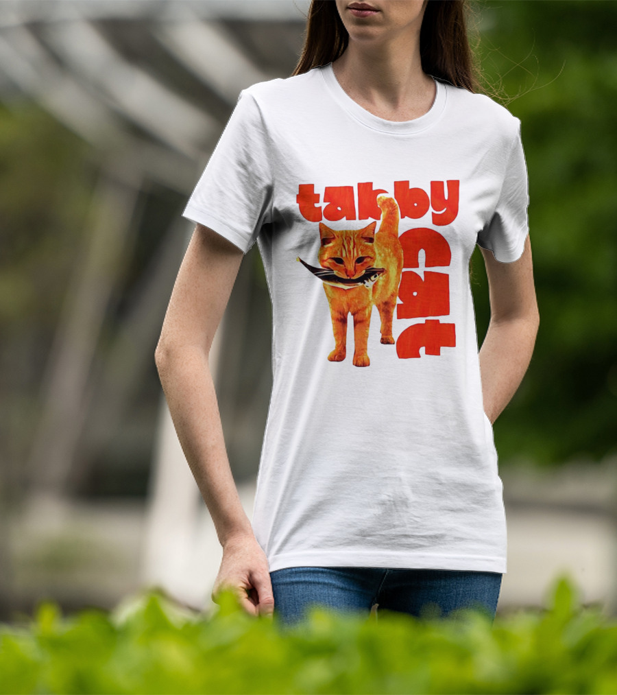Tabby Cat Holding Fish Meme Retro Font T-Shirt